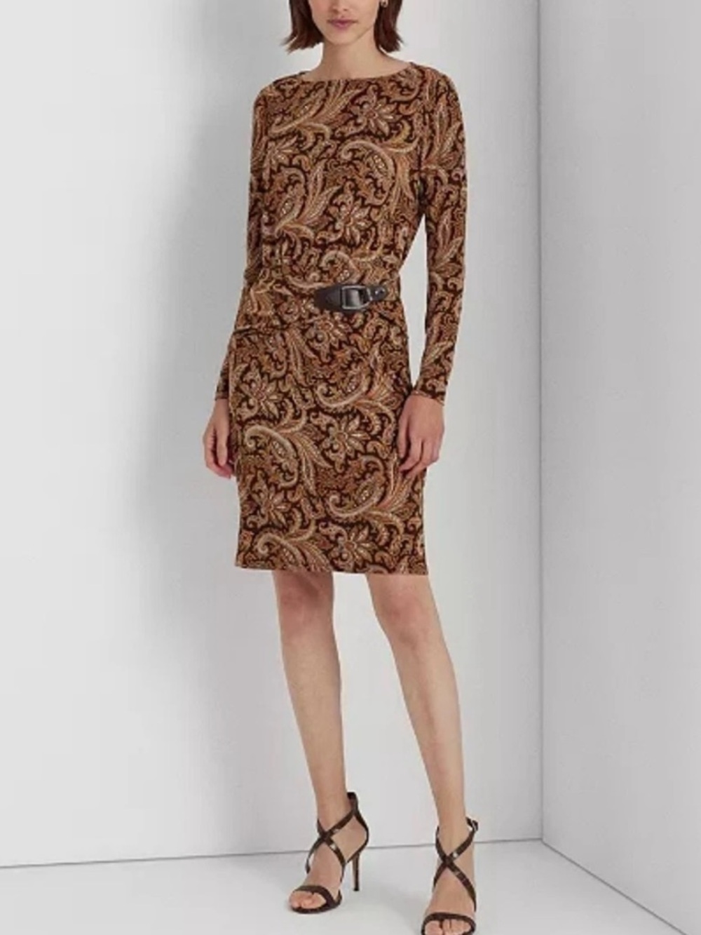 Lauren Ralph Lauren Paisley Buckle-Trim Stretch Jersey Sheath Dress 10 Brown Tan